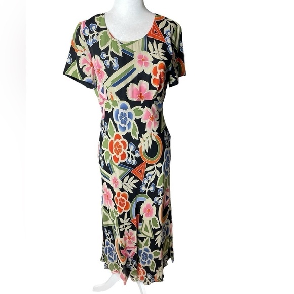 Spencer Jeremy Silk A-line Midi Dress Floral Geometric Print Size 4